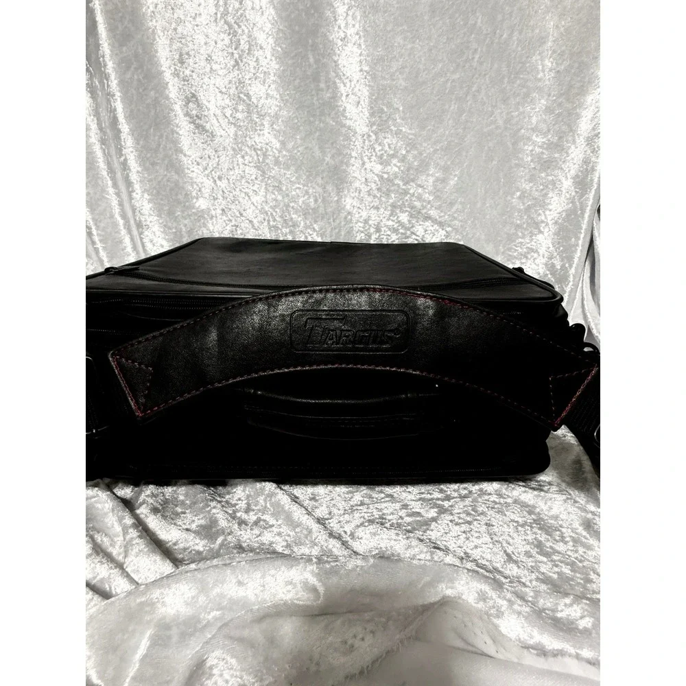 Targus‎ Black Leather Laptop Messenger Bag Red Stitching Tech Case Carry Strap
